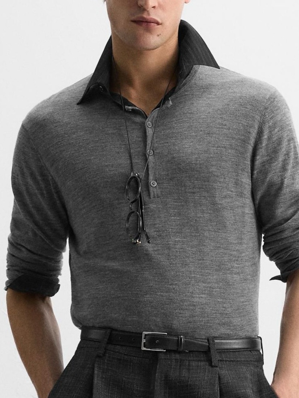 100% wool Zara Men's Gray Long-Sleeve Henley